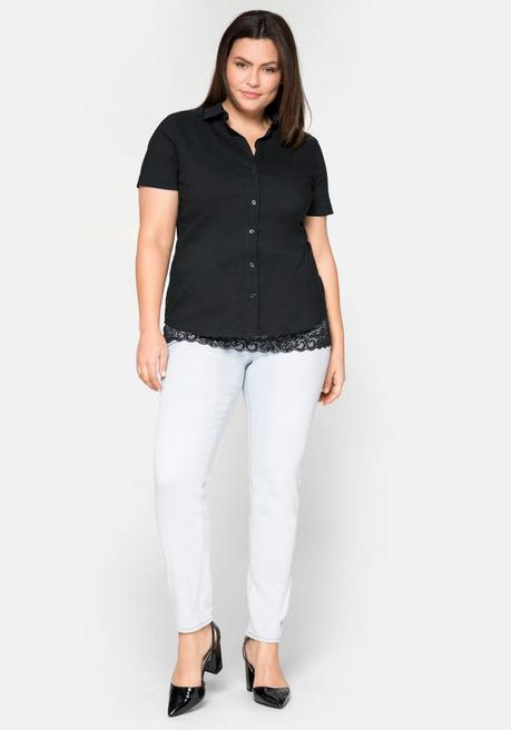 Sheego Stretch-Bluse Mit Kurzem Arm, Leicht Tailliert - Schwarz Sheego