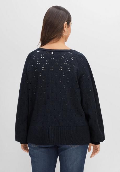 Sheego Strickjacke Im Ajourmuster, Mit Weiten Ärmeln - Nachtblau Meliert Sheego