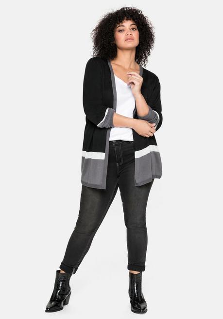 Sheego Strickjacke Im Colourblocking-Stil, In Offener Form - Schwarz Sheego