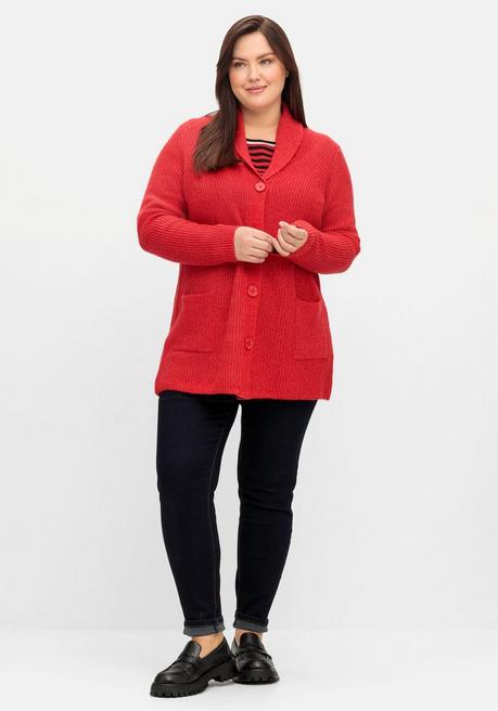 Sheego Strickjacke Im Patentstrick, Mit Schalkragen - Mohnrot Sheego