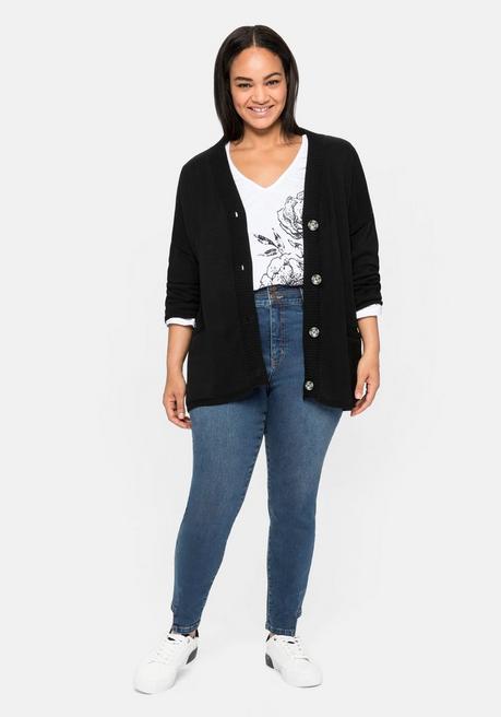 Sheego Strickjacke In Kurzform Mit Großen Taschen - Schwarz Sheego