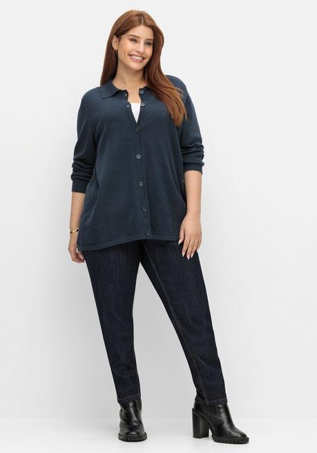 Sheego Strickjacke In Petite Passform, Mit Polokragen - Nachtblau Sheego