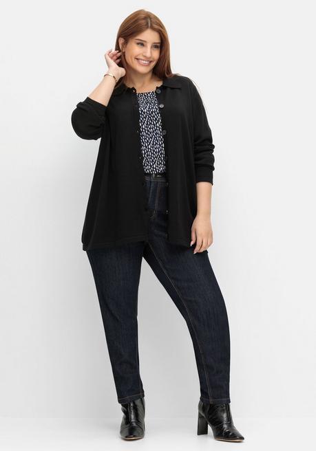 Sheego Strickjacke In Petite Passform, Mit Polokragen - Schwarz Sheego