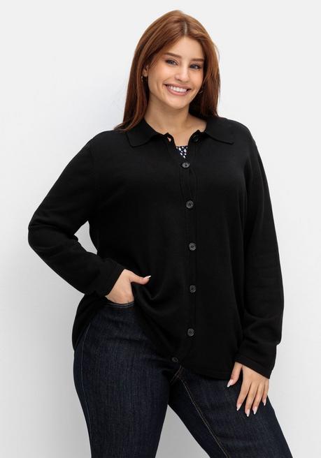 sheego Strickjacke in Petite Passform, mit Polokragen - schwarz sheego