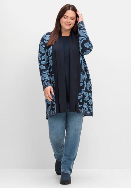 Sheego Strickjacke Mit Jacquardmuster Und Schalkragen - Tiefblau Gemustert Sheego