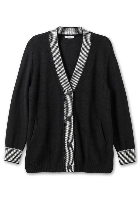 Sheego Strickjacke Mit Kontrastdetails Im Hahnentrittmuster - Schwarz Sheego