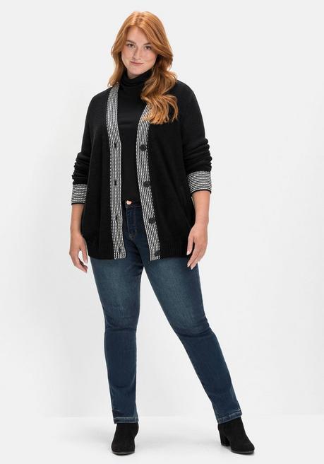 Sheego Strickjacke Mit Kontrastdetails Im Hahnentrittmuster - Schwarz Sheego