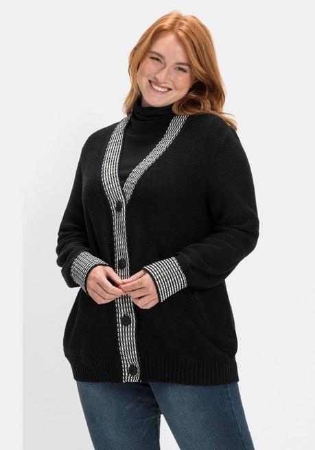 Sheego Strickjacke Mit Kontrastdetails Im Hahnentrittmuster - Schwarz Sheego