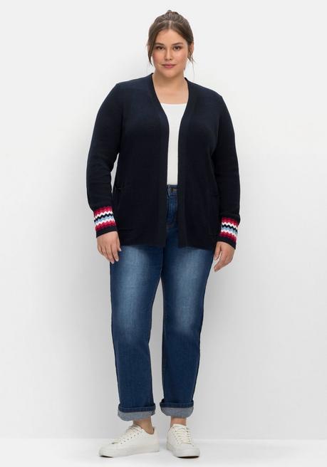 Sheego Strickjacke Mit Kontrastmuster Am Ärmelsaum - Nachtblau Sheego
