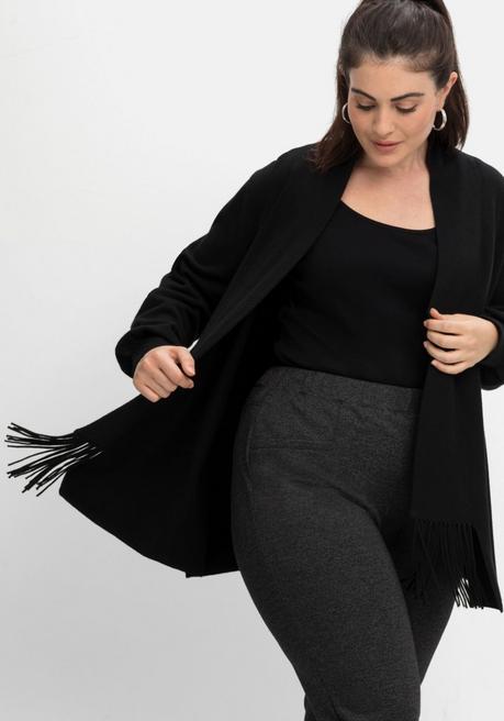 sheego Strickjacke mit Schalkragen und Fransen - schwarz sheego
