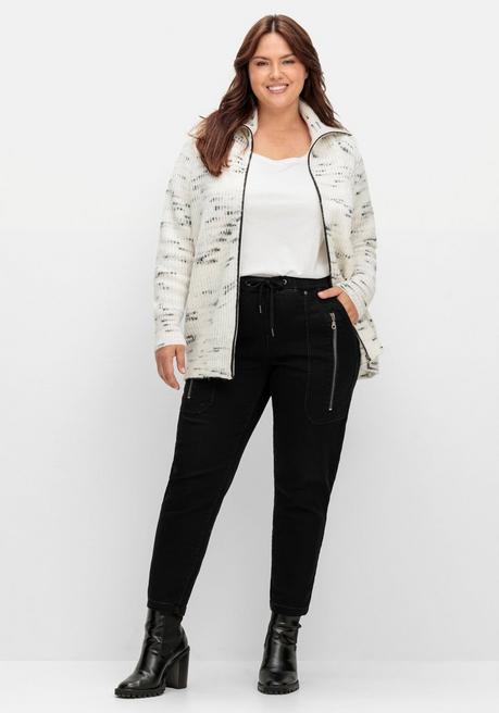 Sheego Strickjacke Mit Troyerkragen Und Reißverschluss - Offwhite-schwarz Sheego