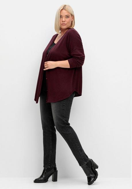 Sheego Strickjacke Mit V-Ausschnitt Und Gerundetem Saum - Bordeaux Meliert Sheego