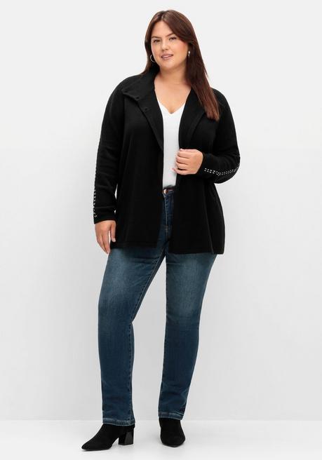 Sheego Strickjacke Mit Zierstichen Und Stehkragen - Schwarz Sheego