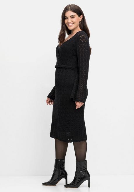 Sheego Strickkleid Im Ajourmuster Und In Wickeloptik - Schwarz Sheego