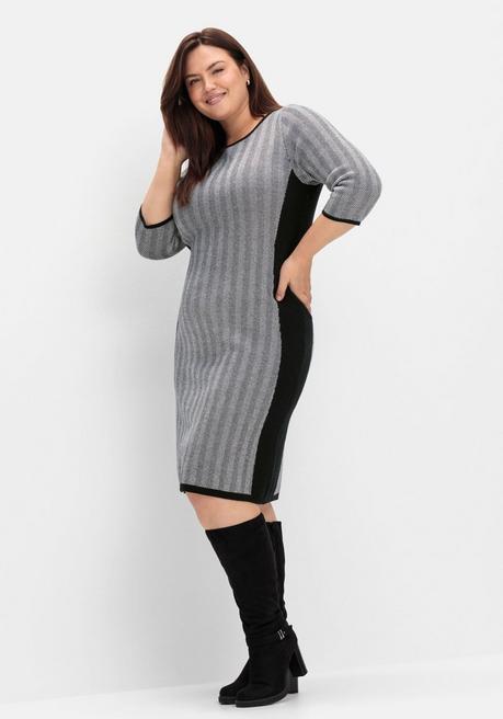 Sheego Strickkleid Im Fischgrätmuster, Mit Kontrastdetails - Schwarz-weiß Sheego