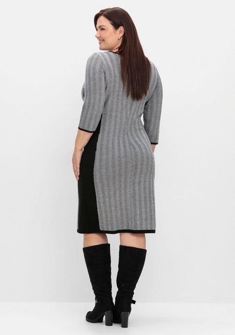 Sheego Strickkleid Im Fischgrätmuster, Mit Kontrastdetails - Schwarz-weiß Sheego