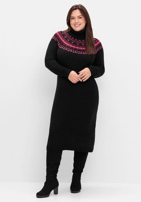 sheego Strickkleid mit Rollkragen und Norwegermuster - schwarz sheego