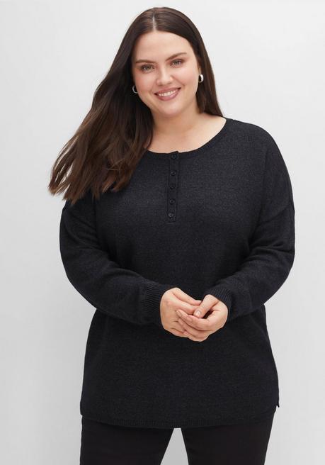 Sheego Strickpullover Mit Knopfleiste, In Warmer Qualität - Schwarz Meliert Sheego