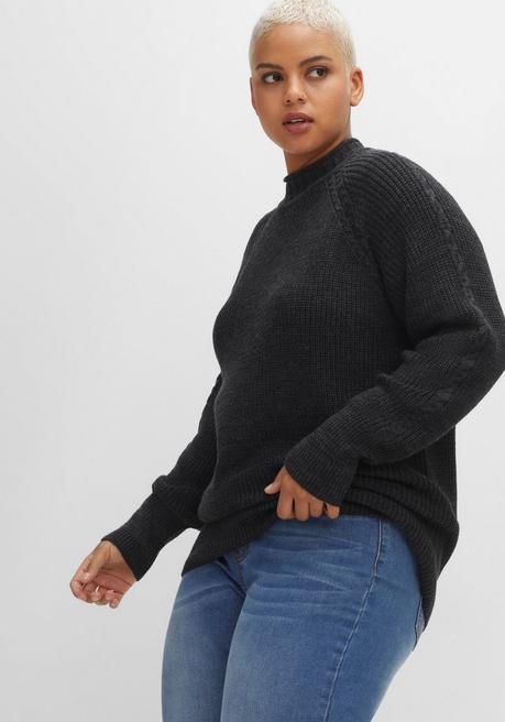 Sheego Strickpullover Mit Zopfmuster Am Raglanärmel - Schwarz Meliert Sheego
