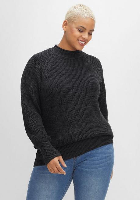Sheego Strickpullover Mit Zopfmuster Am Raglanärmel - Schwarz Meliert Sheego