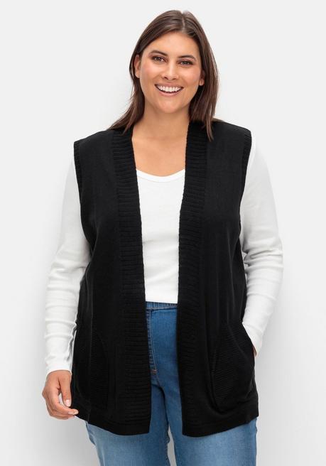 Sheego Strickweste In Offener Form, Mit Taschen - Schwarz Sheego