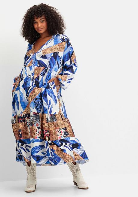 Sheego Loves Miss Goodlife Stufiges Maxikleid Mit Ballonärmeln Und V-Ausschnitt - Blau Bedruckt Sheego