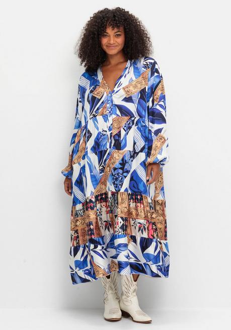 sheego loves miss goodlife Stufiges Maxikleid mit Ballonärmeln und V-Ausschnitt - blau bedruckt sheego