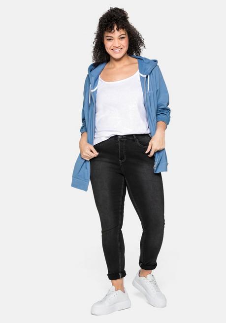 Sheego Sweatjacke Mit Kapuze Und Kleinem Brust-Print - Jeansblau Sheego