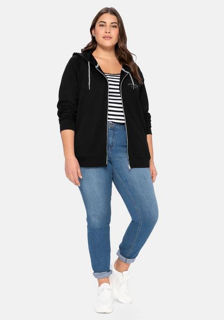 Sheego Sweatjacke Mit Kapuze Und Kleinem Brust-Print - Schwarz Sheego