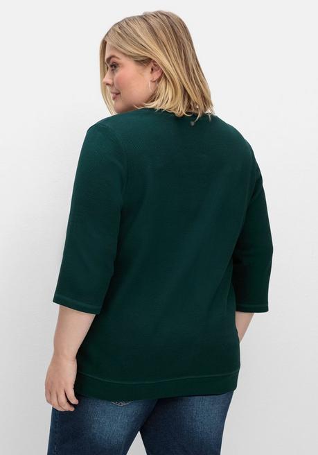 Sheego Sweatshirt Aus Waffelpiqué, Mit Zierband Seitlich - Tiefgrün Sheego