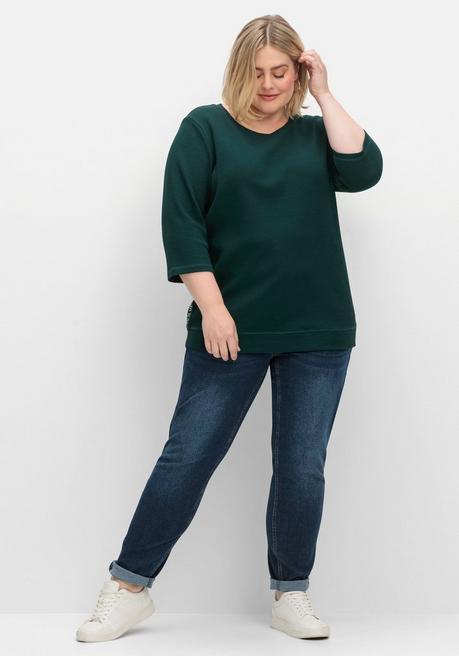 Sheego Sweatshirt Aus Waffelpiqué, Mit Zierband Seitlich - Tiefgrün Sheego