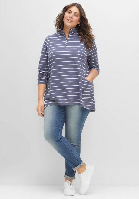 Sheego Sweatshirt In A-Linie, Mit Ringeln Und Troyerkragen - Indigo-offwhite Sheego