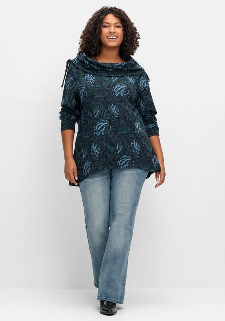 Sheego By Joe Browns Sweatshirt In Longform Mit Weitem Kragen - Schwarz Bedruckt Sheego