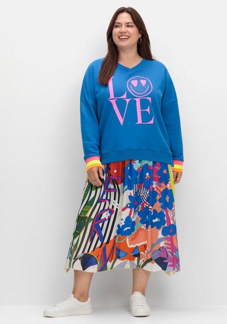 Sheego Loves Miss Goodlife Sweatshirt Mit Frontdruck Und Ringelbündchen - Blau Bedruckt Sheego