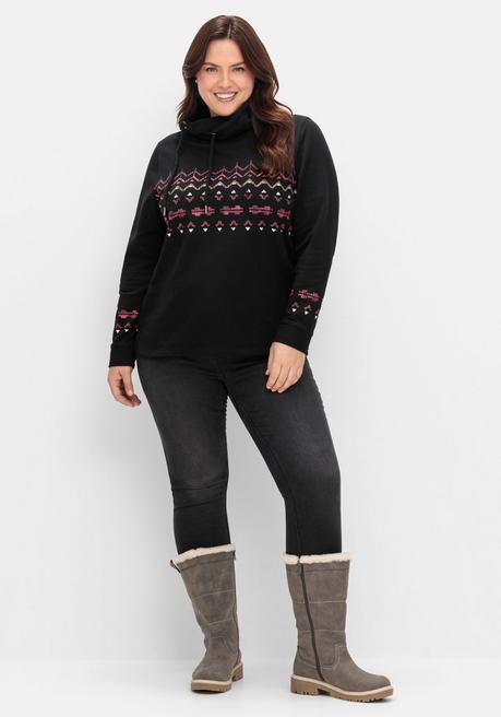 Sheego Sweatshirt Mit Norwegerprint Und Weitem Stehkragen - Schwarz Bedruckt Sheego