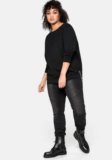 Sheego Sweatshirt Mit Seitlichen Reißverschlüssen - Schwarz Sheego