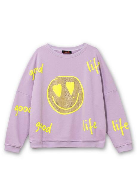 Sheego Loves Miss Goodlife Sweatshirt Mit Smiley-Frontdruck Und Glitzersteinen - Flieder Bedruckt Sheego