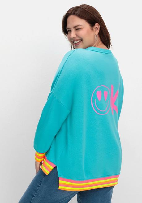 Sheego Loves Miss Goodlife Sweatshirt Mit Statementprint Und Ringelbündchen - Türkis Bedruckt Sheego