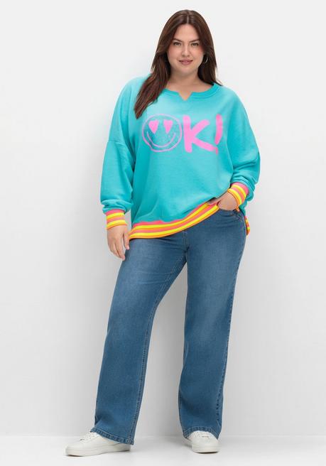 Sheego Loves Miss Goodlife Sweatshirt Mit Statementprint Und Ringelbündchen - Türkis Bedruckt Sheego