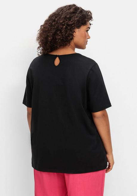 Sheego T-Shirt Mit Blumen-Applikation - Schwarz Sheego