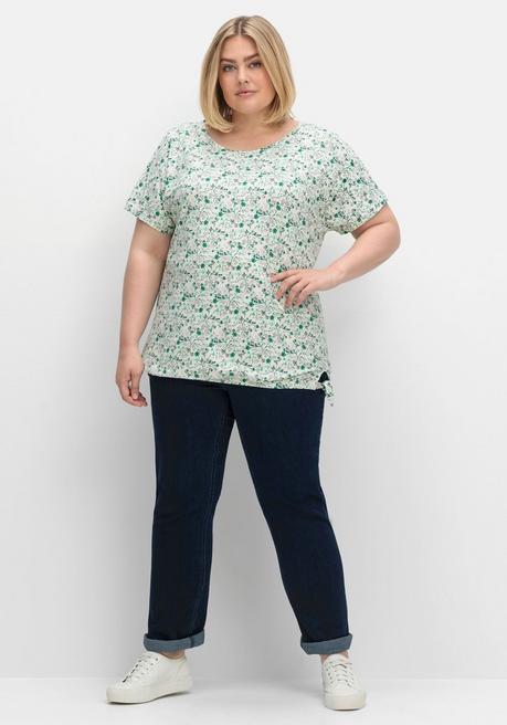 Sheego T-Shirt Mit Gummizugbund Und Knotendetail - Jadegrün Gemustert Sheego