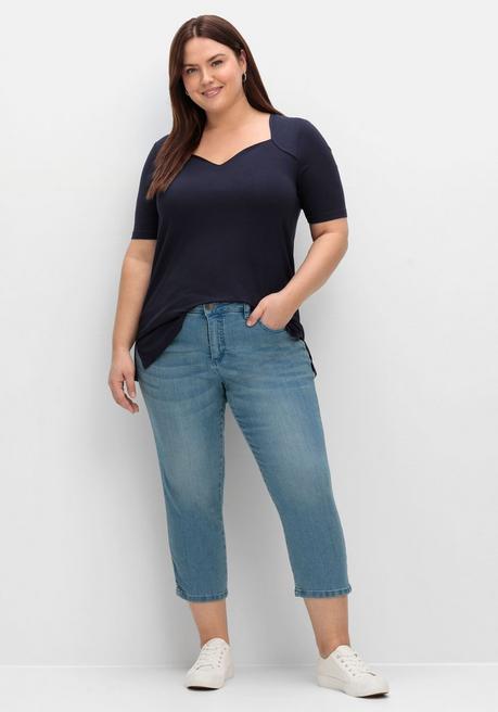 Sheego T-Shirt Mit Herzförmigem Ausschnitt - Tiefblau Sheego