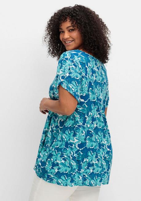 Sheego T-Shirt Mit Kurzen Flügelärmeln, In A-Linie - Aqua Gemustert Sheego