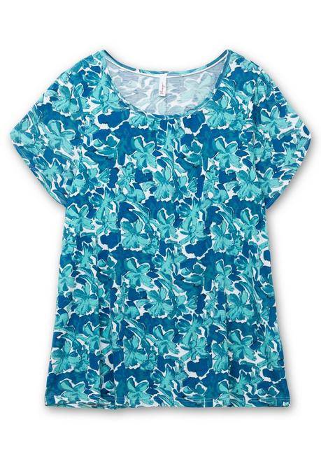 Sheego T-Shirt Mit Kurzen Flügelärmeln, In A-Linie - Aqua Gemustert Sheego