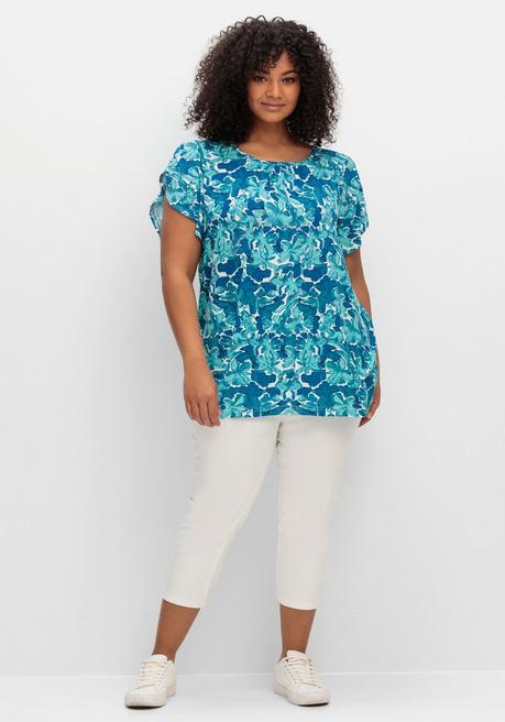 Sheego T-Shirt Mit Kurzen Flügelärmeln, In A-Linie - Aqua Gemustert Sheego