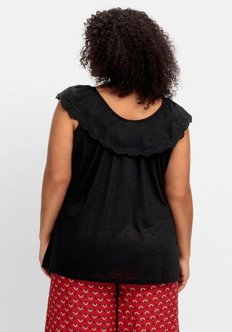 Sheego By Joe Browns T-Shirt Mit Lochstickerei Und Carmen-Ausschnitt - Schwarz Sheego