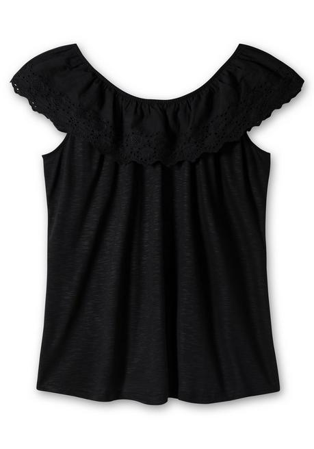 Sheego By Joe Browns T-Shirt Mit Lochstickerei Und Carmen-Ausschnitt - Schwarz Sheego