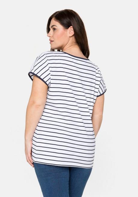 Sheego T-Shirt Mit Ringeln Und Statement-Foliendruck - Weiß-marine Sheego