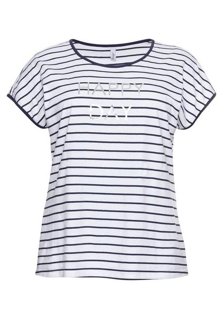 Sheego T-Shirt Mit Ringeln Und Statement-Foliendruck - Weiß-marine Sheego