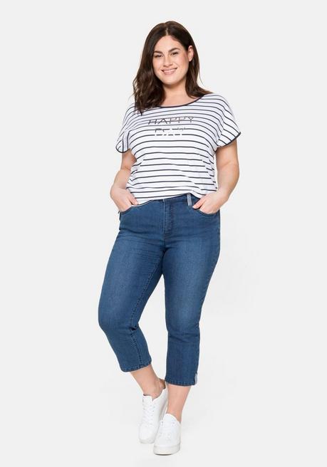 Sheego T-Shirt Mit Ringeln Und Statement-Foliendruck - Weiß-marine Sheego